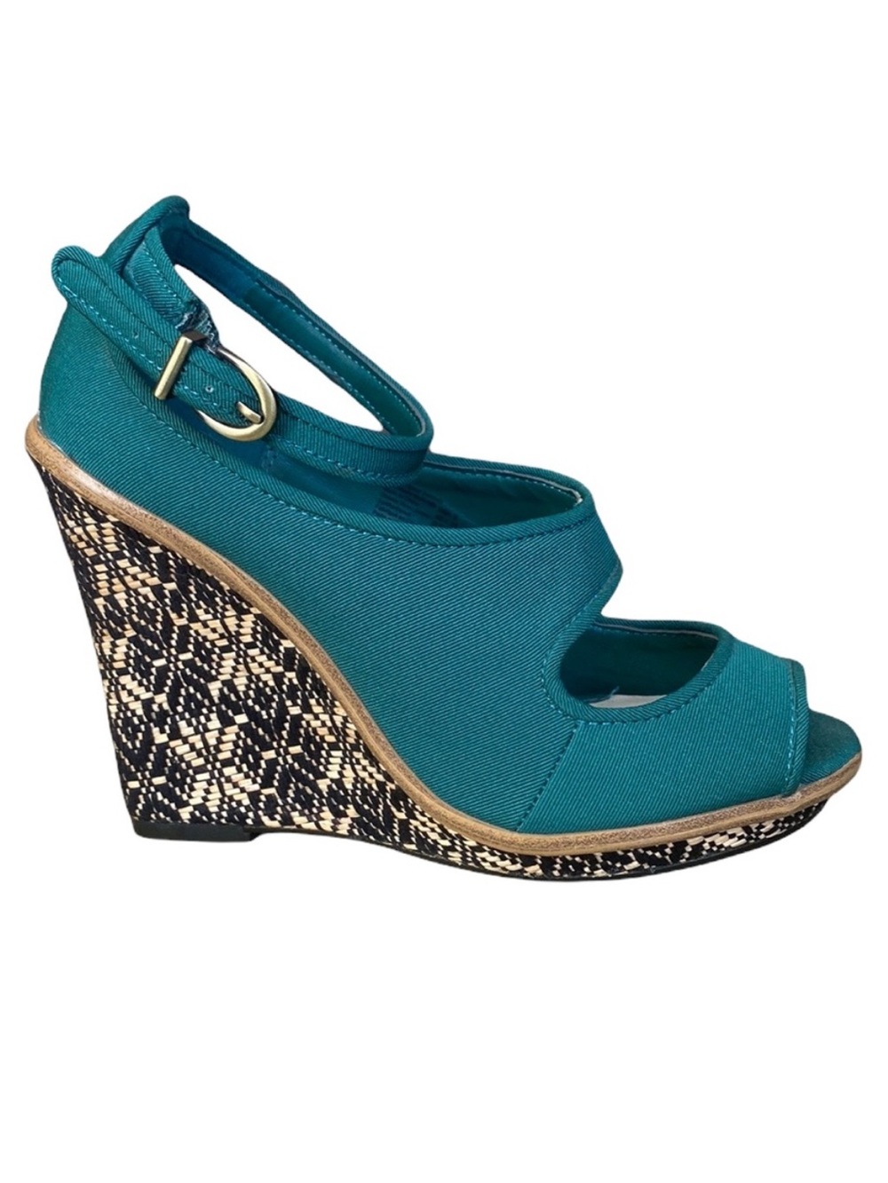 Lela Rose for Payless teal  peep toe cut out ankle strap lace wedge heels